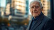 © Phoenix AI Photo - Portrait of an elderly man in a suit standing outdoors with modern buildings in the background at sunset.