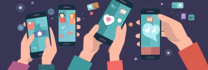 Poster - Four hands grip smartphones, each displaying different social media apps with vibrant icons, emphasizing digital communication and connection. Generative AI