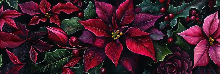 Poster - Bright red poinsettias and lush green holly leaves beautifully intertwine, evoking a festive spirit ideal for winter celebrations and holiday decor