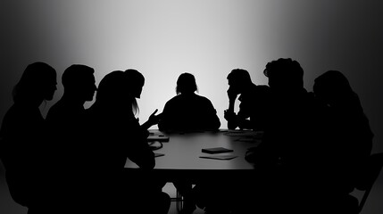 Wall Mural - Silhouettes of diverse individuals engaged in a meeting around a table.