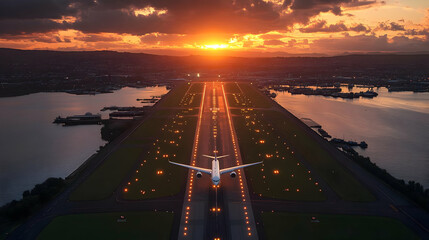 Canvas Print - Airplane on runway during sunset with glowing lights.