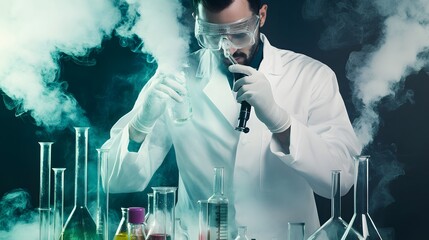 Wall Mural - a scientist in a lab coat examines a chemical reaction in a beaker, surrounded by smoke.