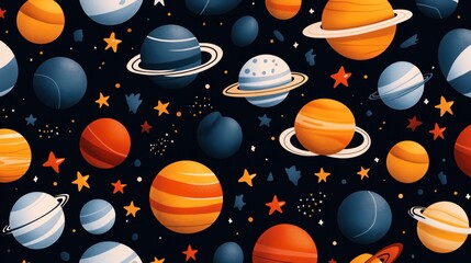 Wall Mural - seamless space pattern with colorful planets, stars, and other celestial objects on a black backgrou