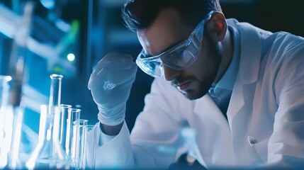 Wall Mural - a scientist in a lab coat and goggles carefully examines a flask.