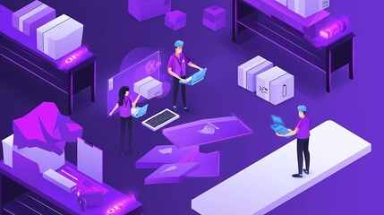 Wall Mural - Three diverse individuals collaborating in a vibrant, tech-themed workspace.