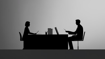 Wall Mural - Silhouette of a business meeting between a man and woman at a table.