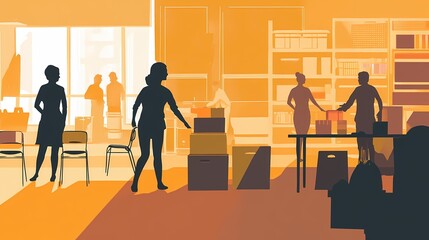 Wall Mural - Silhouetted figures working in a brightly colored office space.