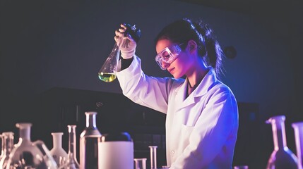 Wall Mural - a young woman scientist examines a beaker of green liquid in a lab.