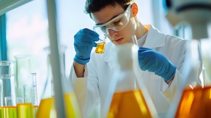 Wall Mural - a young man in a lab coat examines a test tube containing a yellow liquid.