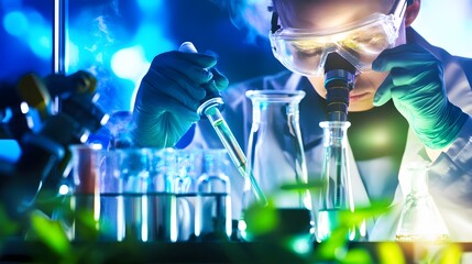 Wall Mural - a scientist in a lab coat and safety goggles uses a pipette and microscope.