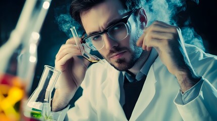 Wall Mural - a focused scientist examines a test tube in a lab, surrounded by beakers and fumes.