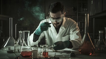 Wall Mural - a male scientist in a lab coat examines a test tube in a dimly lit laboratory.