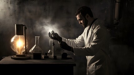 Wall Mural - a scientist in a lab coat carefully examines a flask in a dimly lit laboratory.