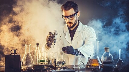 Wall Mural - a scientist in a lab coat and gloves carefully uses a pipette to transfer liquid into a flask.