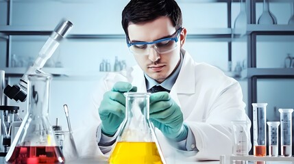 Wall Mural - a scientist in a lab coat carefully examines a beaker of yellow liquid.
