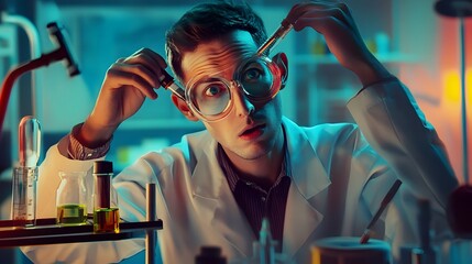 Wall Mural - a scientist in a lab coat looks surprised, holding beakers and a dropper in front of his face.