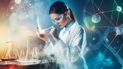 Wall Mural - a female scientist in a lab coat carefully examines a sample with a focus on a glowing scientific il