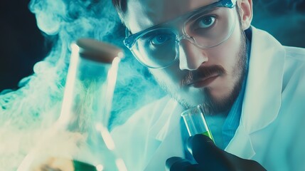 Wall Mural - a scientist in a lab coat and safety glasses examines a test tube of green liquid, with smoke swirli