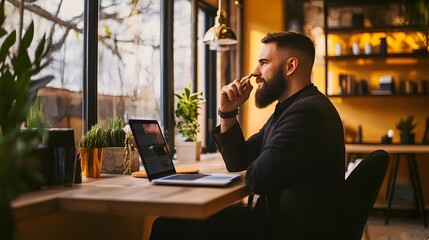 Poster - A bearded man in a black jacket sits thoughtfully at a desk, working on his laptop.