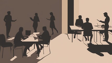 Wall Mural - Silhouettes of diverse professionals collaborating in a modern office space.