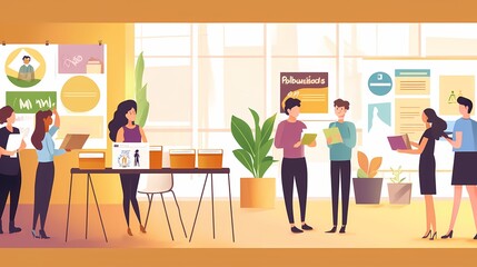 Wall Mural - A diverse group collaborates in a vibrant, modern workspace.