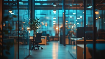blurred office interior with glass walls and panoramic windows, creating an open space for work and 