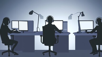 Wall Mural - Three individuals working at computers in a modern office environment.