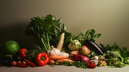 A vibrant display of fresh vegetables, including leafy greens, carrots, red peppers, and a large eggplant.