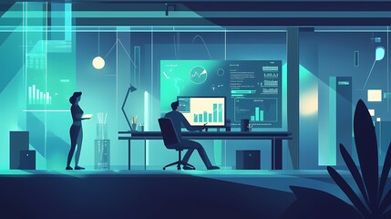 Wall Mural - Male professional working at a high-tech desk in a dimly lit office with a female colleague.