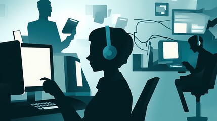 Wall Mural - Silhouetted figures in a modern office environment using technology.