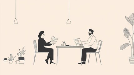 Wall Mural - A woman and a man engaged in a discussion at a minimalist table.