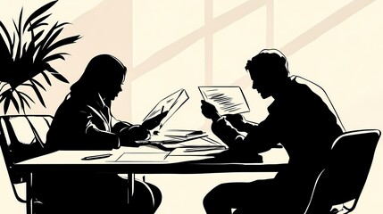Wall Mural - Silhouettes of a woman and man engaged in a discussion at a table.