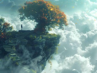 Canvas Print - Floating Island Fantasy Landscape with Person and Tree