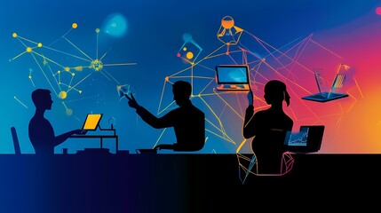 Wall Mural - Silhouettes of diverse professionals engaging in technology and innovation discussions.