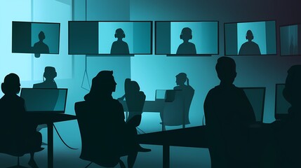 Wall Mural - Silhouetted figures in a modern meeting room with multiple screens and a tech atmosphere.
