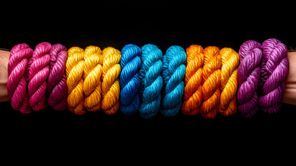 Wall Mural - Colorful ropes arranged in a gradient on arms against a dark background.