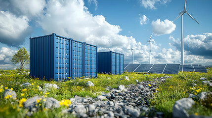 Poster - Containers near solar panels and wind turbines in a green landscape.