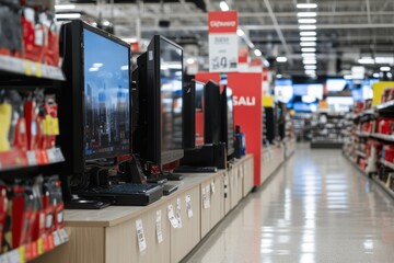 Discounted Electronics Display: A section of a store showcasing discounted electronics like TVs, laptops, and gaming consoles. Bright sale signs and banners emphasize the steep discounts. 