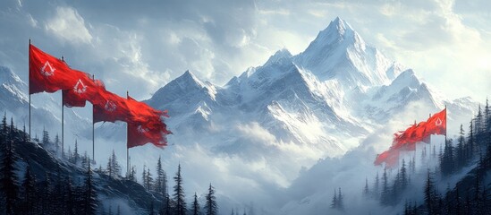 Snowy Mountain Landscape with Red Flags