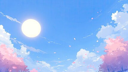 Wall Mural - a shining white sun casting a glow on fluffy clouds, set against a clear blue sky, evoking a sense o