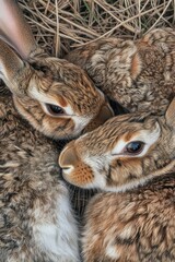 Wall Mural - Three rabbits nestled together in a natural setting, showcasing their fur and features.