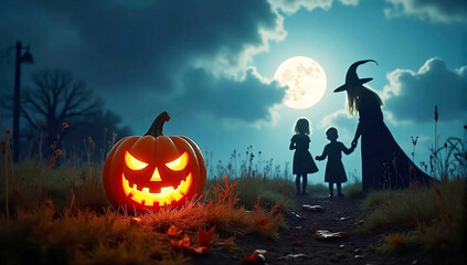 pumpkin with a glowing jack-o-lantern face in the foreground, with silhouettes of a witch and two children running  against a dark, cloudy night sky