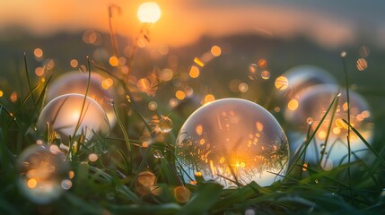 Sticker - Glass orbs reflecting a sunset in a grassy field.