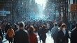 © ifoto - A crowd of people walking down the street, with digital data and connections overlaying their faces