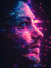 A digital face with vibrant streams of binary code and neon lights, creating a fusion of technology and human artistry.