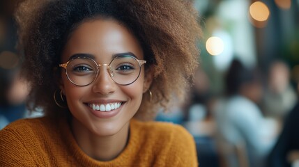 Wall Mural - A smiling woman in glasses is sitting at the table with her colleagues during an interview, creating relaxed and friendly moments of interaction between them