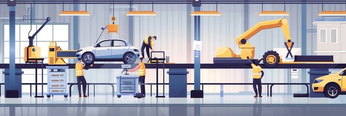 Leinwandbilder - A team of workers focuses on installing and inspecting car interiors in a busy factory, ensuring quality and precision. Generative AI