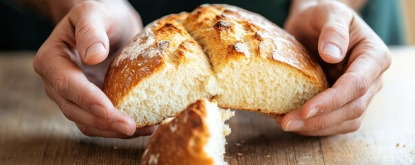 A close-up of two hands breaking a loaf of bread, symbolizing the act of sharing food and sustenance