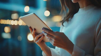 Poster - Woman Using Tablet in a Softly Lit Environment