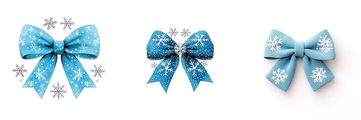 Three beautiful blue bows with snowflake patterns, white isolated background.